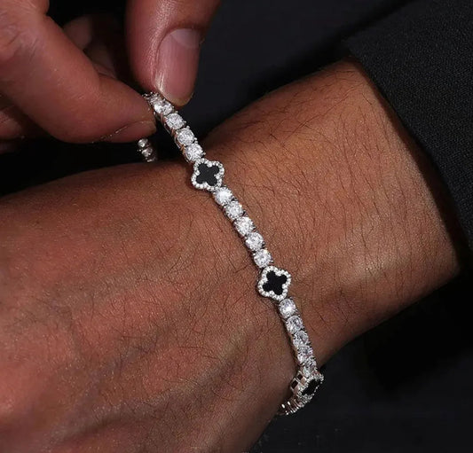 4MM  S925 Silver Moissanite Jewelry Black Agate Clover Tennis Bracelet